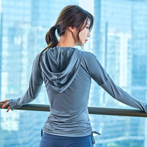 

wholesale-women active wear adjustable fitness sport coat hooded drawstring sport causal, Black;red