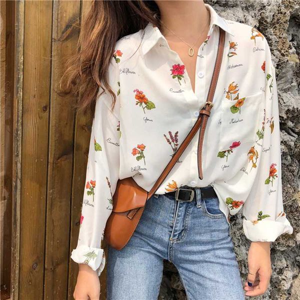 

floral printed shirts for women 2020 autumn spring chiffon blouse long sleeve turn down collar loose causual chemisier femme, White