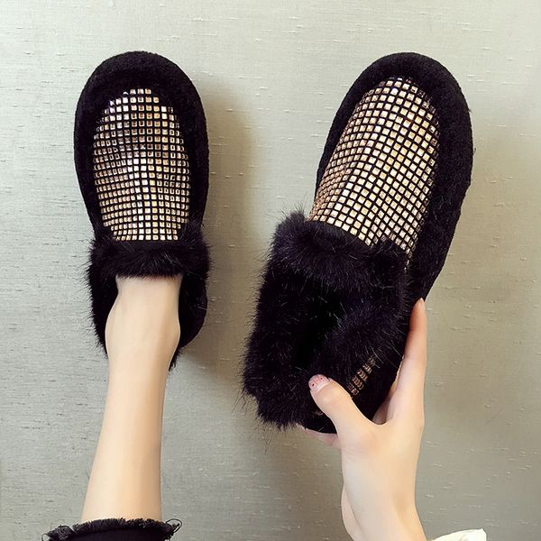 

women's shoes fashion cotton shoes 2019 autumn new cute rhinestone flat front lace-up casual fur, Black