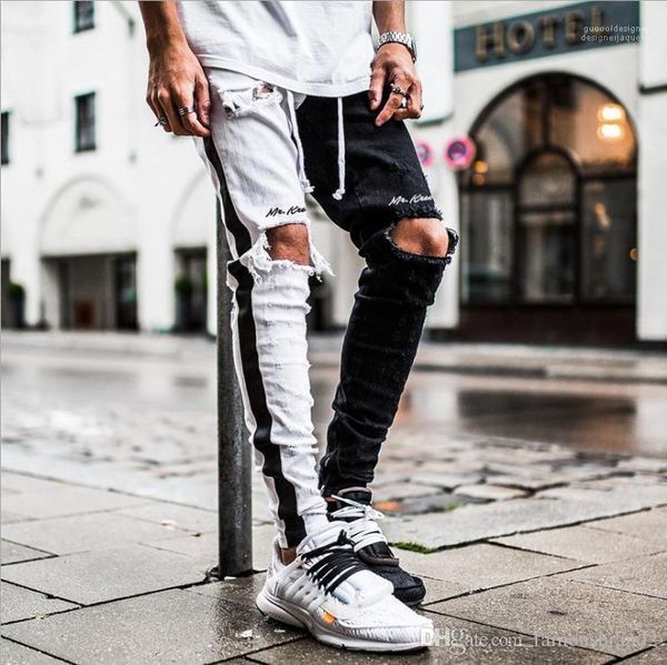

stylish high street mens biker jeans spring knee holes ripped black white patchwork jean tousers, Blue