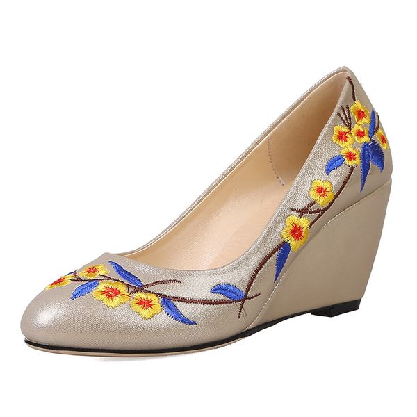 

new big size 33-43 ladies wedges high heels flower shallow shoes woman party ol spring autumn pumps, Black