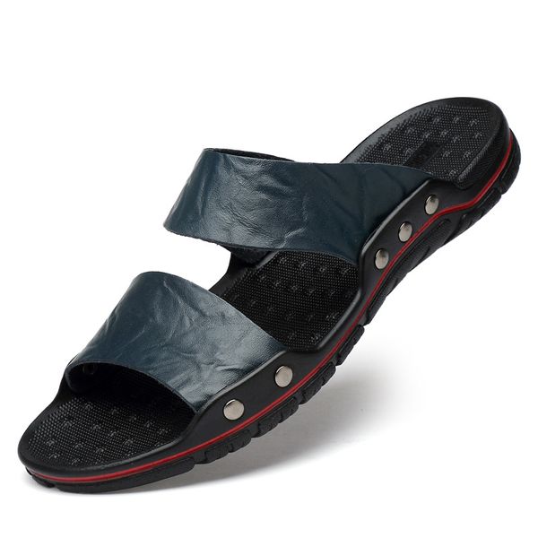 

men slippers genuine leather summer new style foot covering casual beach slippers men large size shoes 37-49, Black