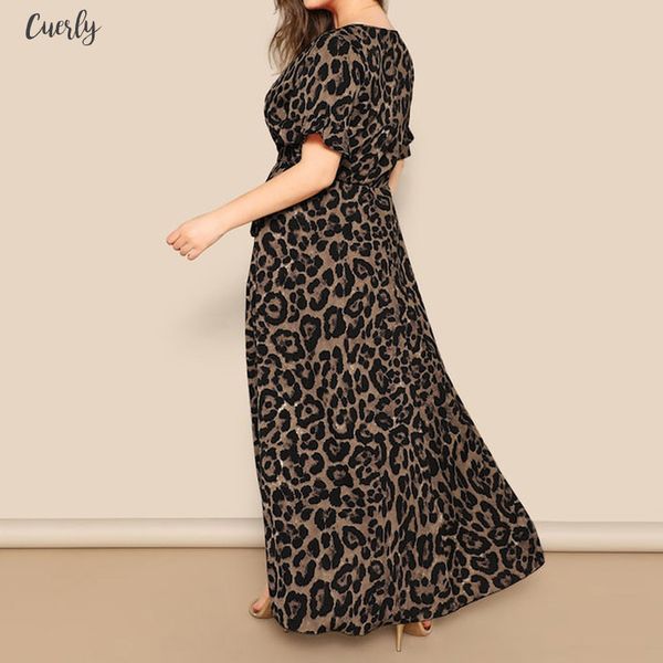 

plus size dresses for women 4xl 5xl long vintage leopard print v neck casual loose short sleeve bandage maxi dress b, Black;gray