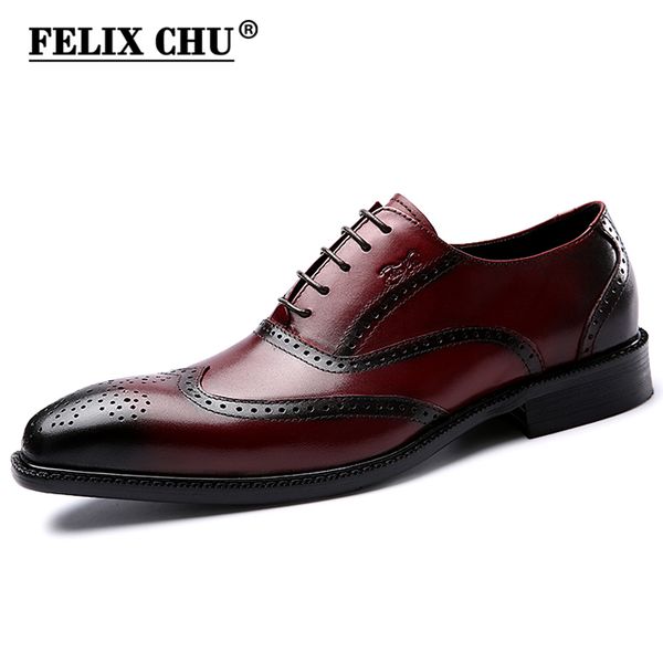 

felix chu classic genuine leather men wedding brogue oxford with wingtip lace up burgundy office party formal mens dress shoes, Black
