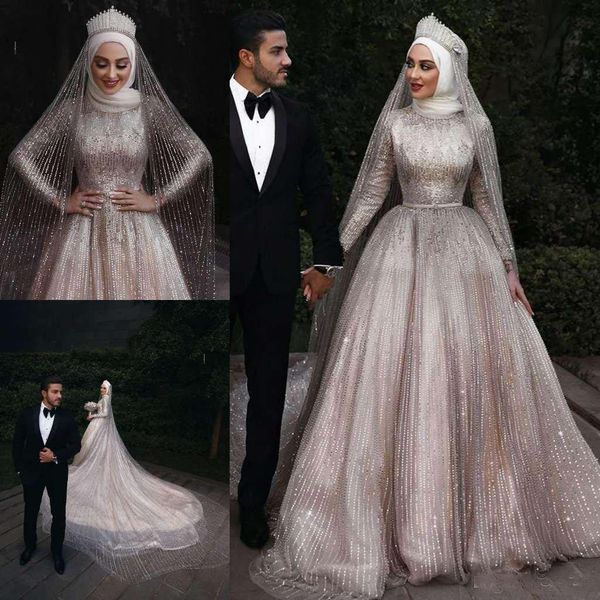

luxury sparkling muslim wedding dresses with high neck full sequins long sleeve plus size arabic dubai wedding bridal gowns robes, White