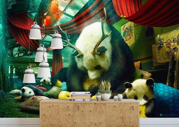 

3d настенные обои home decor зеленая гора водопад ручная роспись творческий панда дом 3d фото обои для гостиной спальня