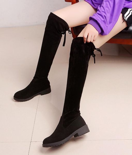 

2019 women thigh high boots stretch leather female winter long boots women over the knee fashion autumn flat shoes, Black