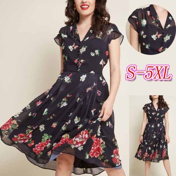 

womens designer dress large v-neck print summer elegant big swing chiffon waist closing dress short sleeve, Black;gray