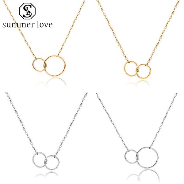 

new arrival double circle pendant necklace choker steel gold two interlocking circles trendy couple friendship necklaces for girls-y, Silver
