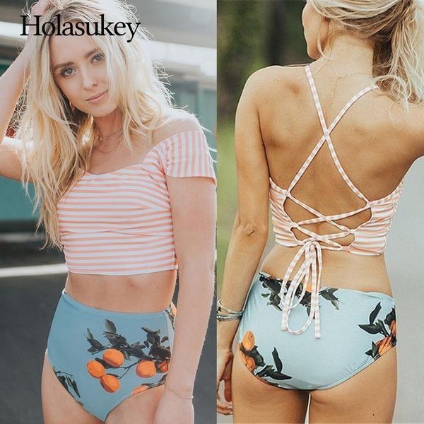 

holasukey 2019 bikini set solid bikini high waist swimsuit women floral print swimwear women bathing suits biquini, White;black