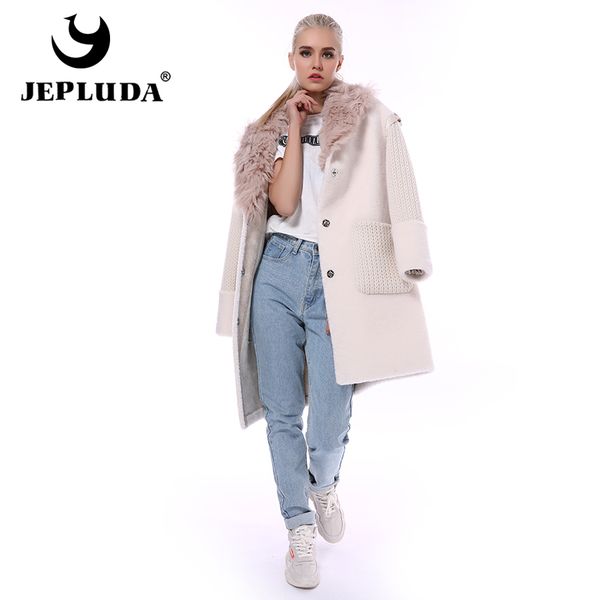 

jepluda new 100% natural wool blends teddy bear coat lamb fur collar wool knit sleeves real fur coat women real sheep jacket, Black