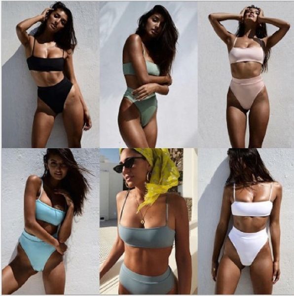 

2019 sling high waist solid color women's split swimsuit bikini sling bikini, White;black