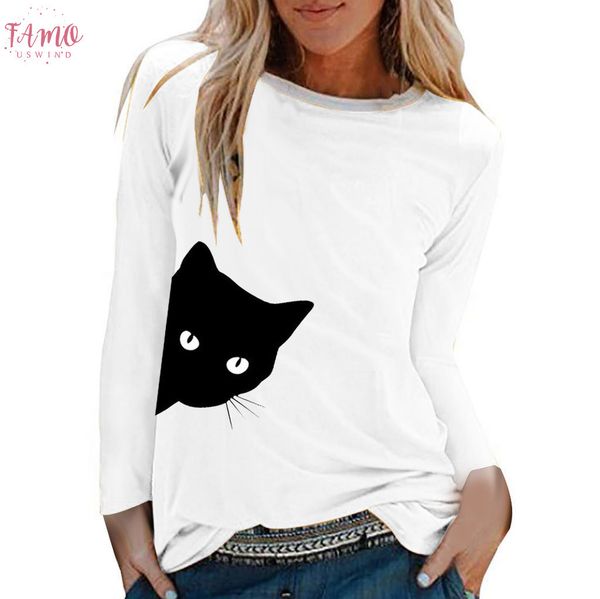 

2019 tshirt women casual cat print o neck long sleeve loose t shirt haut camiseta mujer petal sleeve women harajuku, White