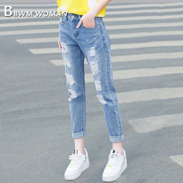 

women jeans casual high waist 2019 new beggar style female hole trousers pants, Blue