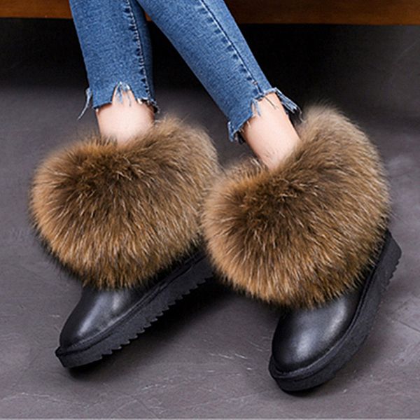 

зимний из натуральной кожи gzaco женщин естественный real fox snow short голеностопного fur boots женщины плоские пятки t200111, Black