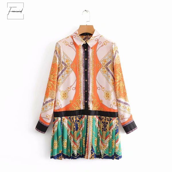 

vintage color matching dresses women printing hem pleated mini dress ladies patchwork vestidos casual slim autumn ds1222 designer clothes, Black;gray