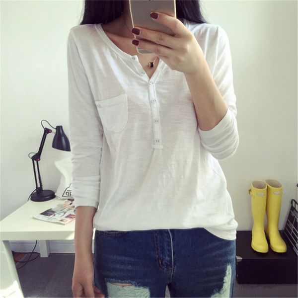 

women's t-shirt 2021 spring summer loose women cotton solid casual t shirt long sleeve tshirt v-neck thin soft pocket, White