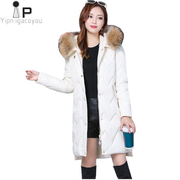 

women winter jacket new korean long thicken big fur collar womens down jacket hooded plus size slim warm parka loose coat ladies, Black