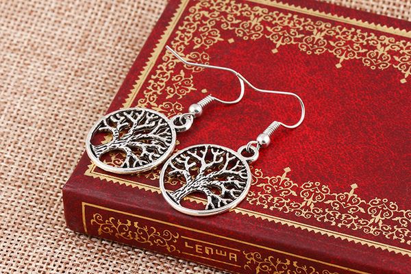 

wholesale- silver tree of life charm earrings 925 silver fish ear hook chandelier