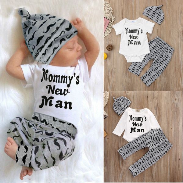 

mommys new man infant baby boy long sleeve letter print bodysuits pant hat sets summer autumn 3 pieces clothes, White