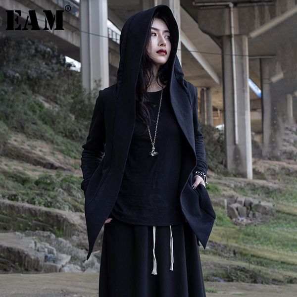 

eam] 2019 new autumn winter hooded long sleeve black personality irregular hem short jacket women coat fashion tide jr379, Black;brown