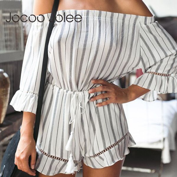 

jocoo jolee lace up shorts rompers womens jumpsuits summer ladies playsuits short sleeve tie waist casual jumpsuit combinai, Black;white