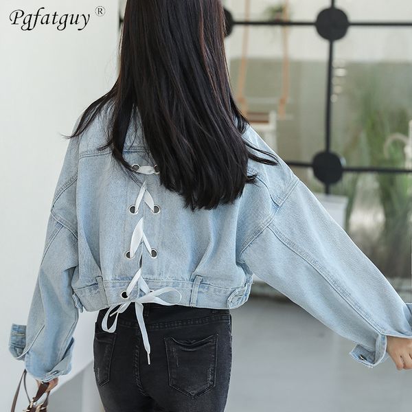 

2019 women back eyelet lace up short denim jacket girls jeans jackets coat bf style long sleeve big pocket loose outerwear coats, Black;brown