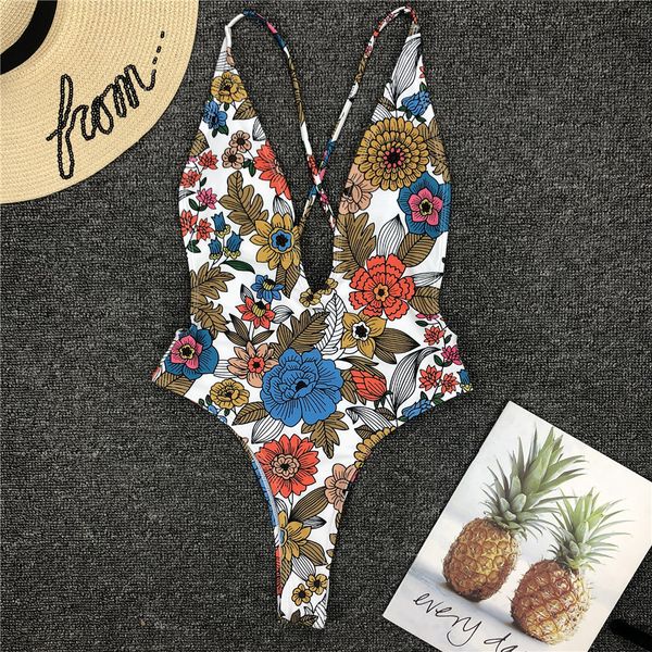 

one piece swimsuit 2019 printed swimwear women v neck swimsuit women backless cross bandage monokini mayo, White;black