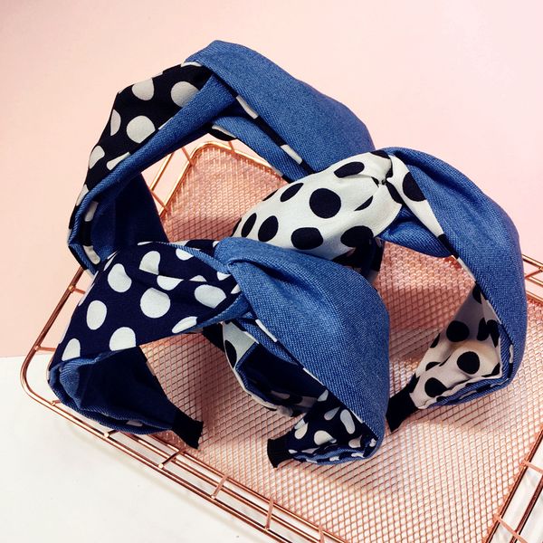 

korea color matching denim fabric polka dot hair accessories for girls knot cross hair band bow headbands for women