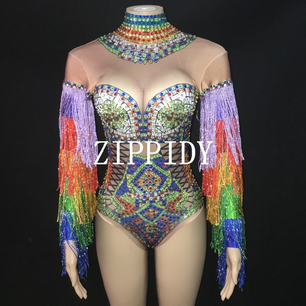 

colorful rhinestones fringes leotard costume women's birthday prom celebrate outfit bar evening women dancer bodysu, Black;red