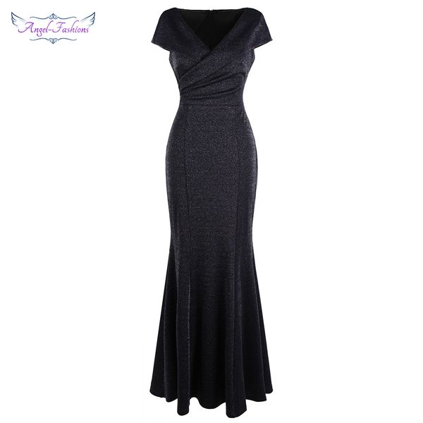 

angel-fashions women's v neck cap sleeves evening dress pleated long mermaid formal party vintage black w-190522-s, White;black