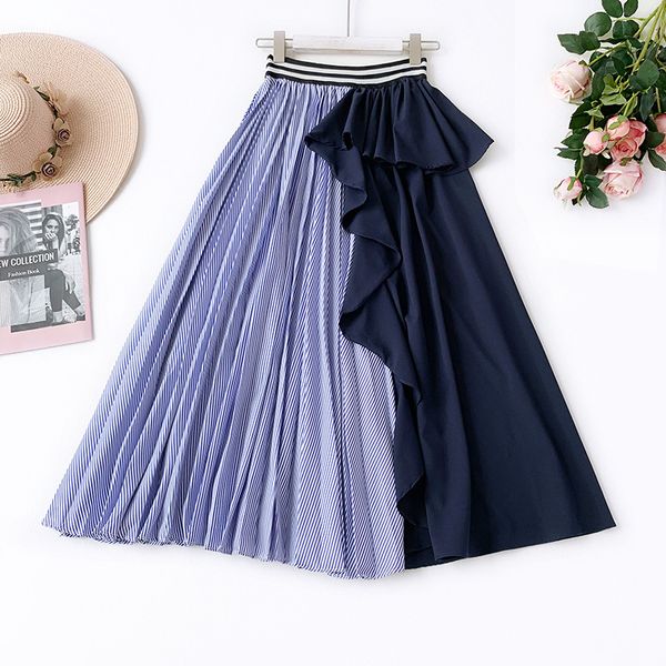 

2019 summer new arrival irregular skirt european style high-waisted patchwork pleated skirt stripe stitching lotus leaf edge, Black