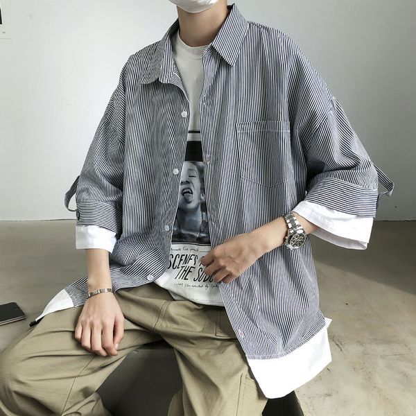 

мужская рубашка 2020 весна новый тонкий, однотонный плед печати рубашка с длинным рукавом свободные досуг личности молодежи мужская одежда, White;black