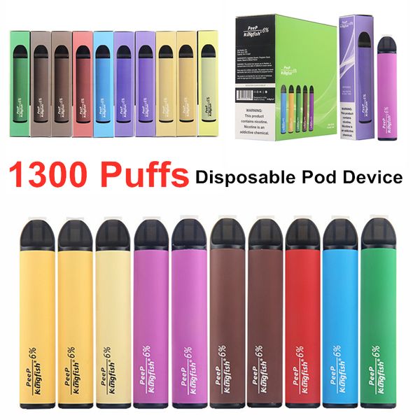 

Kingfish 1300 пуфы Одноразовые Vape Устройство Бобы Стартовые наборы 900mAh батареи 4,5 мл Предварительно заполненные стручки Ecigarette Портативный Испаритель VS Puff Glow