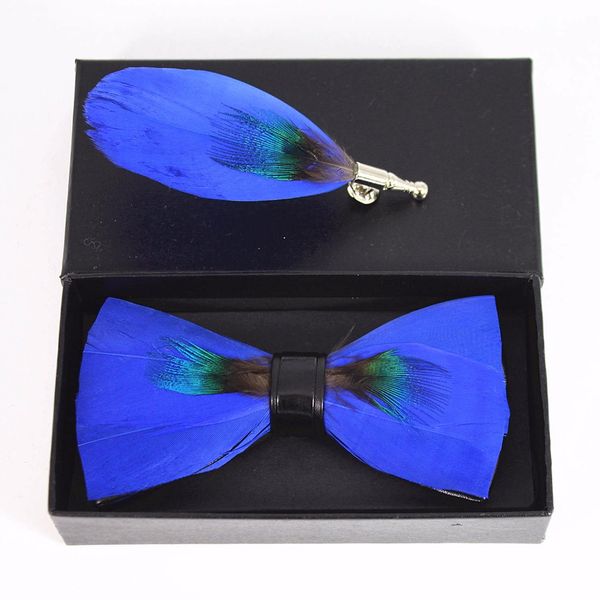 

100% handmade mens hot full blue leather bow tie brooch set pre-tied bow tie for wedding party clothing accessories, Blue;white