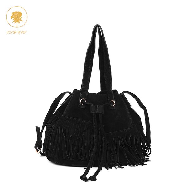 

oswego women bucket bag long tassel vintage handbag fashion suede bag leisure crossbody bags for womens leather bags