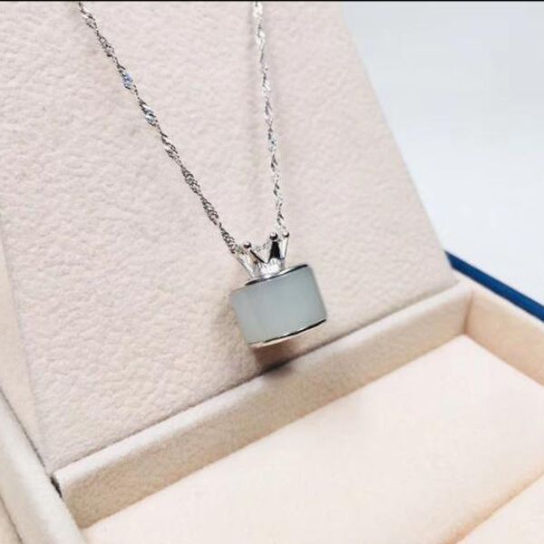 

natural chinese hetian 925 silver white jade lucky crown cylindrical pendant necklace for women charm jewelry xmas gift