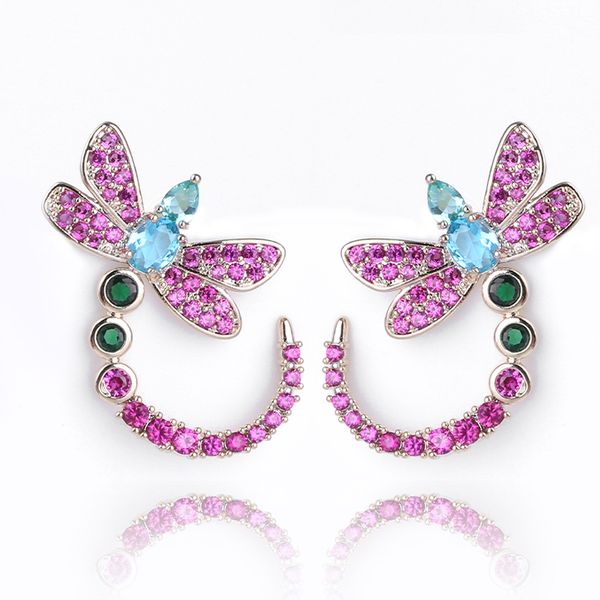 

xiumeiyizu dragonfly design stud earrings vivid shinning luxury cubic zirconia paved silver pin earrings fashion 925 jewelry hot, Golden;silver
