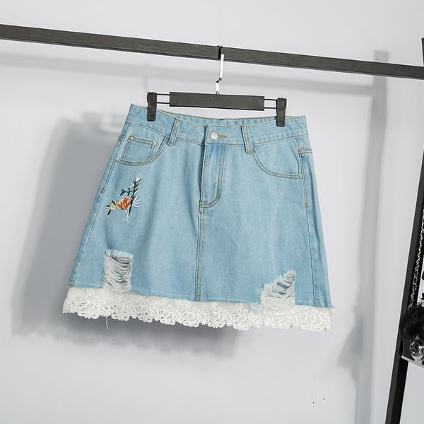 

coigarsam 4xl plus size patchwork women denim skirt new summer lace high waist skirts light blue g915, Black