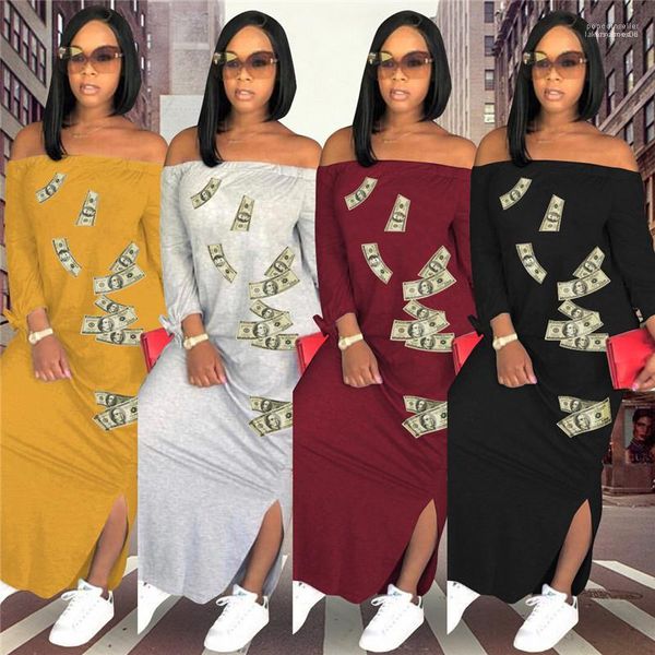 

summer long sleeved long maxi split dress casual loose dollar printed dress women slash dresses, Black;gray
