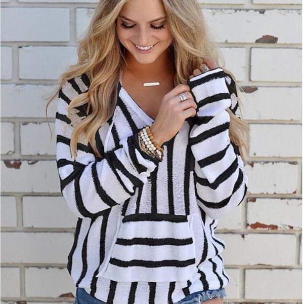 

autumn and winter new style casual striped hooded sweater wei women's, Black