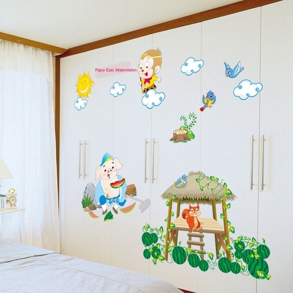 

little pig eating watermelon children's bedroom mural wall sticker gift kindergarten decorative sticker mural