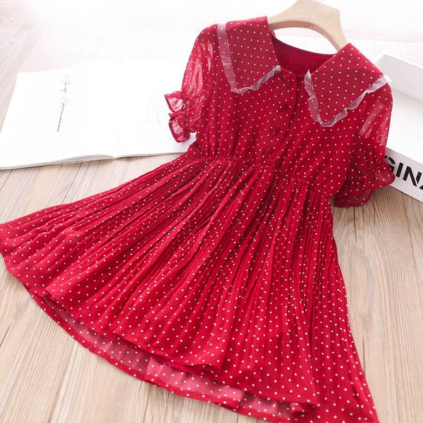 

2020 summer girls square collar polka dot pleated chiffon dress children's dress wholesale, Red;yellow