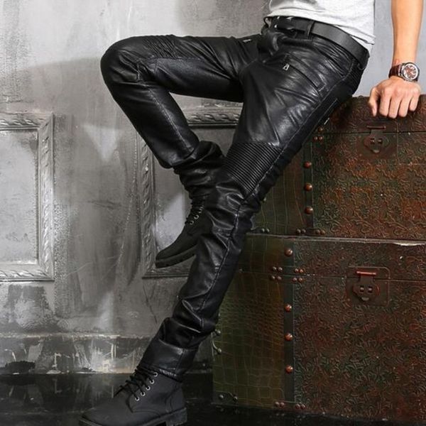 

men's pants arrival mens pu leather retro motorcycle man slim fit gothic zip trousers plus size 28-38, Black