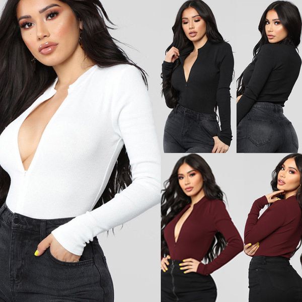 

new women jumpsuit long sleeve bodysuit leotard solid skinny jumpsuit rompers bodysuit womens zipper party clothes, Black;white