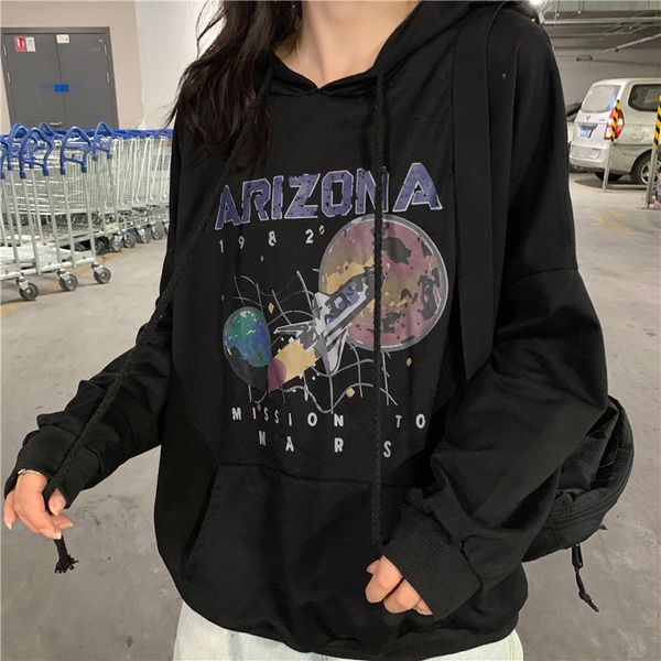 

осень и зима хлопок ностальгия старый planet printed harajuku spaceship arizona space черно-белой печати с капюшоном hoodie, Black