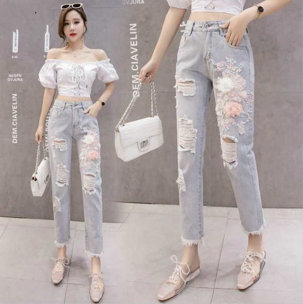 

holes jeans women's summer high-waisted loose harem pants embroidery denim pants girls ladies jean flower jeans, Blue
