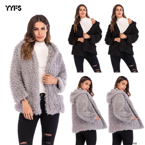 

женская дизайнер плюшевые толстый короткий женский длинный рукав свободный кардиган шерстяных coatq409 oynd, Black;brown