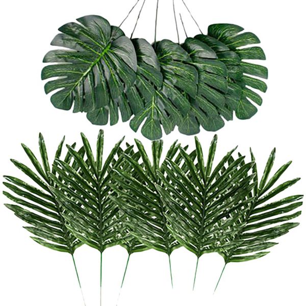 

24 pcs 2 kinds tropical plant palm leaves artificial palm leaves faux safari hawaiian turtle leaf luau party suppl