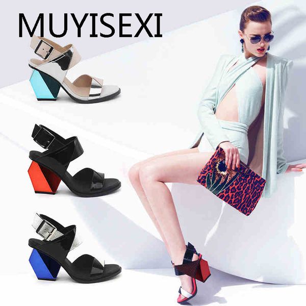 

summer women's sandals genuine leather mixed color 9cm strange heel sandal woman platform sandals footwear hl35 muyisexi, Black